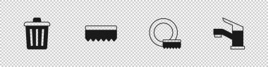 Çöp tenekesi, sünger, bulaşık yıkama ve musluk ikonu hazırla. Vektör.