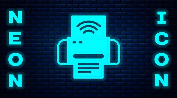 Glowing Neon Smart Printer System Icon Isolated Brick Wall Background —  Vetores de Stock