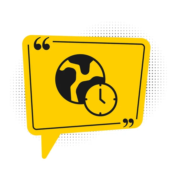 Black World Time Icon Απομονωμένο Λευκό Φόντο Κίτρινη Φυσαλίδα Ομιλίας — Διανυσματικό Αρχείο