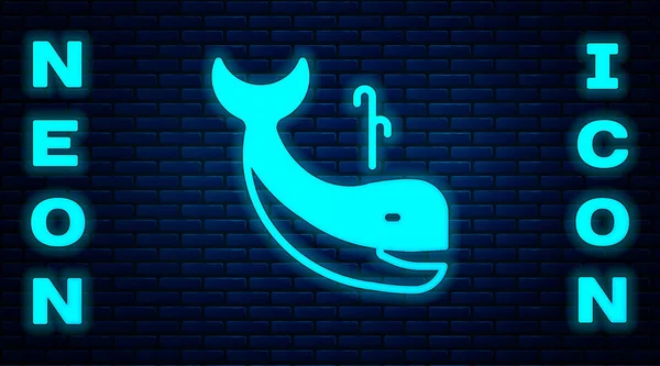 Icona Luminosa Neon Whale Isolata Sfondo Muro Mattoni Vettore — Vettoriale Stock