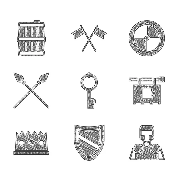 Set Old Key Shield Cavaliere Medievale Cartello Stradale Con Bar — Vettoriale Stock