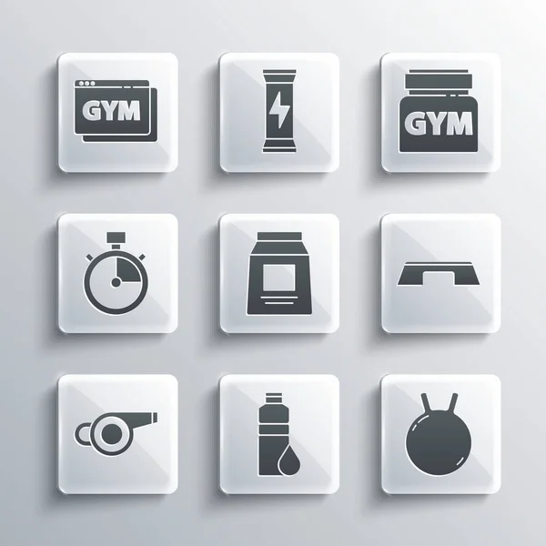 Set Fitness Shaker Kettlebell Plateforme Step Nutrition Sportive Sifflet Stopwatch — Image vectorielle
