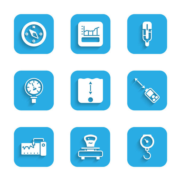 Набор измерений глубины Весы Масштаб ручной весны механический лазерный измеритель расстояния Измеритель расстояния Измеритель давления Водомер Медицинский термометр и значок компаса. Вектор.