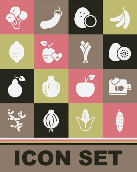 Set Concombre Planche Découper Avec Légumes Kiwi Fruits Noix Coco — Image vectorielle