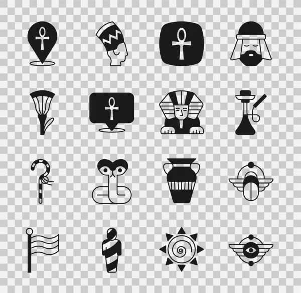 Set Simbolo Egiziano Sole Alato Scarabeo Narghilè Croce Ankh Loto — Vettoriale Stock