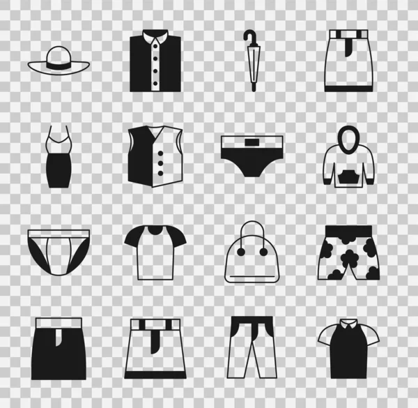 Set Poloshirt Badehose Kapuzenpullover Regenschirmweste Damenkleid Eleganter Damenhut Und Unterhosensymbol — Stockvektor
