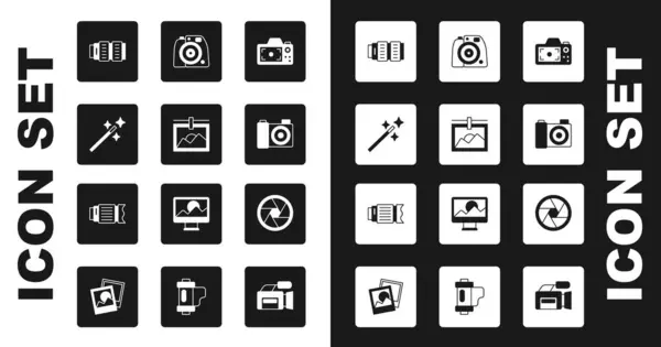 Set Fotorahmen Retuschieren Camera Fotoobjektiv Verschluss Und Symbol Vektor — Stockvektor