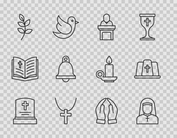 stock vector Set line Grave with tombstone Nun Church pastor preaching Christian cross chain Willow leaf bell Hands praying position and Pope hat icon. Vector.