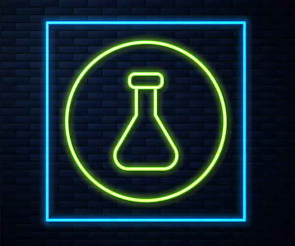 发光的霓虹灯线试管和烧瓶化学实验室测试图标隔离在砖墙背景 实验室玻璃器皿标志 — 图库矢量图片