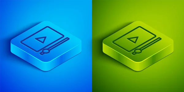 Isometric Line Online Play Video Icon Isolated Blue Green Background — Stock Vector