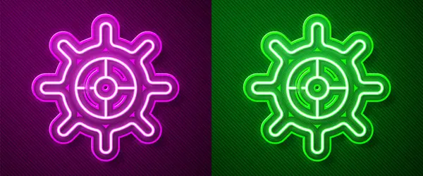 Светящаяся Неоновая Линия Корабельное Рулевое Колесо Значок Изолирован Фиолетовом Зеленом — стоковый вектор