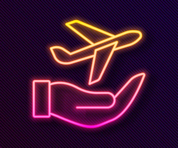 发光的霓虹灯线平面手握图标隔离在黑色背景 飞的飞机航空保险 保护概念 — 图库矢量图片