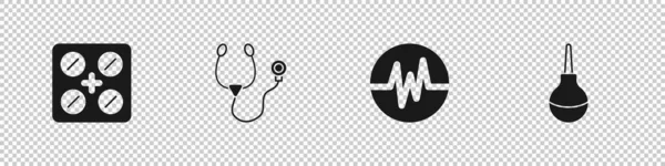 ブリスターパック 聴診器 心拍数 およびエネマアイコンにピルズを設定します ベクトル — ストックベクタ