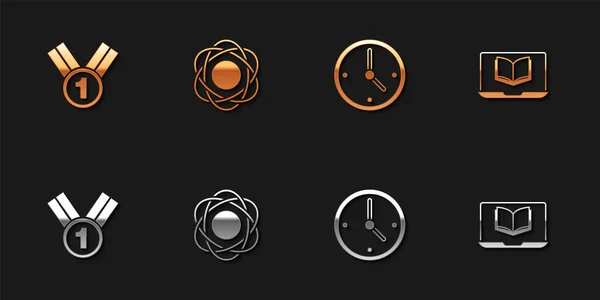 Set Médaille Atome Horloge Icône Classe Ligne Vecteur — Image vectorielle