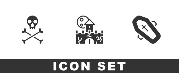 Set Skull Crossbones Castle Fortress Coffin Icon Vector — Stock Vector