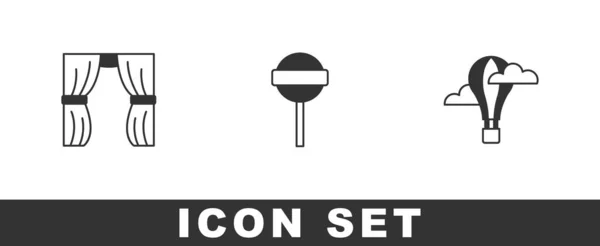 Set Circus Curtain Raises Lollipop Hot Air Balloon Icon Vector — Stock Vector