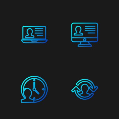 İnsan kaynaklarını, Zaman Yönetimini, özgeçmişi ve monitörü olan dizüstü bilgisayarı ayarla. Renk simgeleri. Vektör.