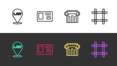 Çizgi konum yasası, kimlik kartı, Hukuk sütunu ve hapishane penceresi siyah beyaz. Vektör.