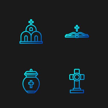 Mezar ve haç, cenaze vazosu, kilise binası ve kutsal kitap. Renk simgeleri. Vektör.