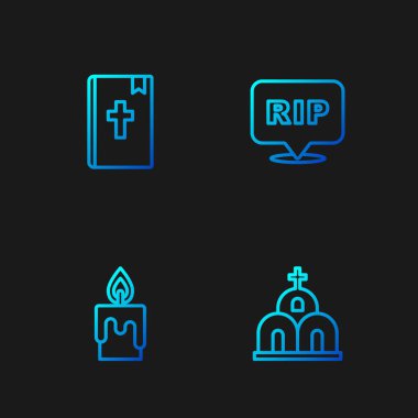 Kilise binası, yanan mum, kutsal kitap ve konuşma baloncuğu ölümle sonuçlanır. Renk simgeleri. Vektör.