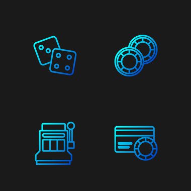 Hat kartı, kumar makinesi, zar oyunu ve kumarhane çiplerini ayarla. Renk simgeleri. Vektör.
