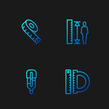 Çizgi ölçer ve cetvel, medikal termometre, mezura ve boy ölçüsü ayarlayın. Renk simgeleri. Vektör.