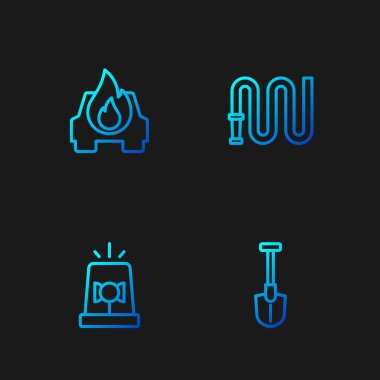 Yanan araba ve hortum makarasını ateş küreğine çevirin. Renk simgeleri. Vektör.