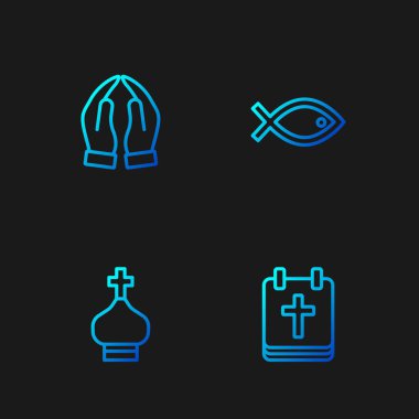 Paskalya Hıristiyan kilise kulesi Hands 'in dua pozisyonu ve balık sembolü ile takvimi ayarla. Renk simgeleri. Vektör.