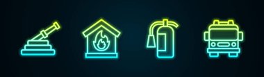 Yangın hortumunu yangın söndürücü ve kamyonun içine yerleştirin. Parlayan neon ikonu. Vektör.