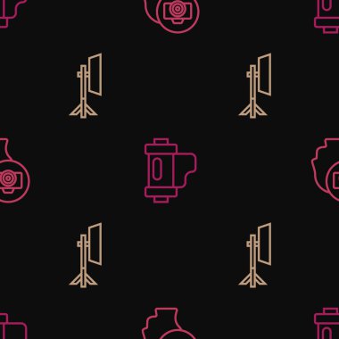 Fotoğraf makinesini, stüdyo ampulünü softbox 'ta ve kamera film rulo kartuşunu pürüzsüz desende ayarla. Vektör