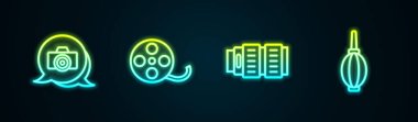 Foto kamera, film makarası, kamera lensi ve toz üfleyiciyi ayarla. Parlayan neon ikonu. Vektör