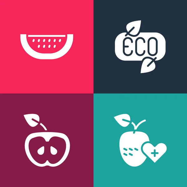 Set Pop Art Egészséges Gyümölcs Apple Leaf Eco Szimbólum Görögdinnye — Stock Vector
