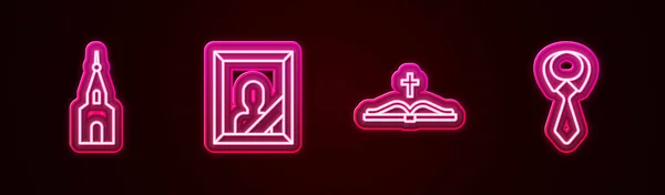 设置线教堂建筑 哀悼的相框 圣经和领带 发光的霓虹灯图标 — 图库矢量图片