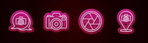 ラインを設定する写真カメラ カメラシャッターと ネオンのアイコンを光る ベクトル — ストックベクタ