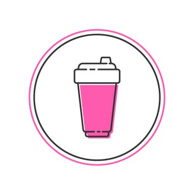 Beyaz arkaplanda izole edilmiş ana hatlı fitness karıştırıcı simgesi. Su ve protein kokteylleri için kapaklı spor karıştırıcı şişesi. Vektör