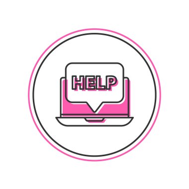 Filled outline Laptop and help icon isolated on white background. Adjusting, service, setting, maintenance, repair, fixing.  Vector