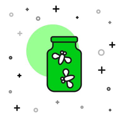 Beyaz arkaplanda izole edilmiş bir kavanoz ikonundaki Ateşböcekleri ana hatlarıyla dolu. Vektör