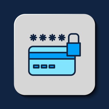 Mavi arkaplanda kilit simgesiyle doldurulmuş ana hat kredi kartı. Kilitli banka kartı. Güvenlik, güvenlik, koruma. Güvenli ödeme kavramı. Vektör