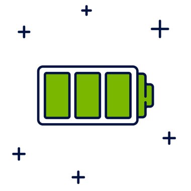 Doldurulmuş Batarya şarj seviyesi göstergesi simgesi beyaz arkaplanda izole edildi. Vektör