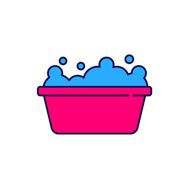 Filled outline Baby bathtub with foam bubbles inside icon isolated on white background.  Vector