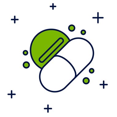 Beyaz arka planda izole edilmiş ana hatlı ilaç veya tablet ikonu. Kapsül hapı ve uyuşturucu işareti. Eczane tasarımı. Vektör