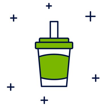 Kağıt bardakla doldurulmuş, beyaz arka planda izole edilmiş saman ve su ikonu var. Soda bardağı. Taze soğuk içecek sembolü. Vektör