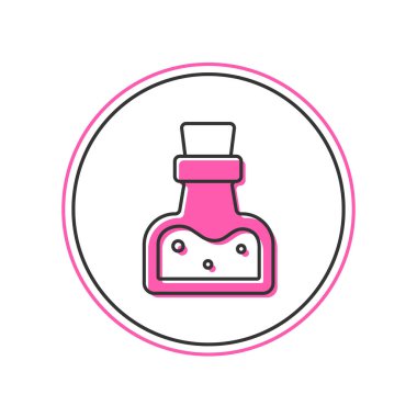 Beyaz arkaplanda izole edilmiş iksir ikonu ile ana hatları doldurulmuş. Sihirli iksirli matara. Mutlu Cadılar Bayramı Partisi. Vektör