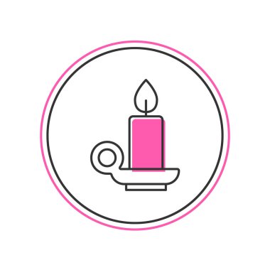 Beyaz arkaplanda izole edilmiş şamdan ikonunda yanan mum. Silindirik mum çubuğu ve yanan ateş. Vektör