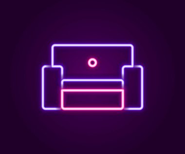 Parlayan neon hattı Armchair simgesi siyah arkaplanda izole edildi. Renkli taslak konsepti. Vektör