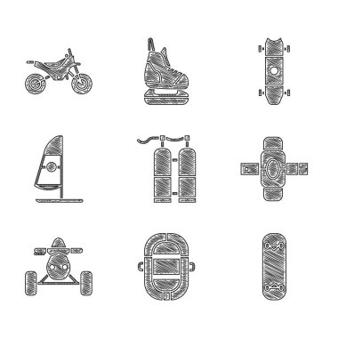Aqualung, Rafting teknesi, kaykay numarası, dizlik, ATV motosikleti, rüzgar sörfü, kaykay ve dağ bisikleti ikonu. Vektör
