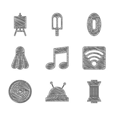 Set Müzik Notası, ton, iğne ve iğne dikiş makarası, kablosuz internet ağı, vinil disk, Badminton servis aleti, Amerikan futbolu ve Easel resim tahtası ikonu. Vektör