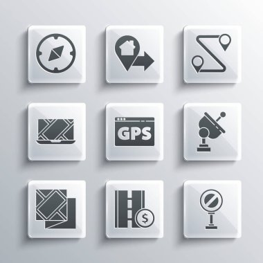 Tramvay trafik işaretini, dur, radarı, haritalı GPS cihazını, katlı, şehir navigasyonunu, pusula ve güzergah ikonunu ayarla. Vektör