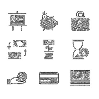 Tencereye para fabrikası, kredi kartı, kağıt para yığını dolar ile kum saati, el verme, takas, evrak çantası ve tebeşir tahtası simgesi. Vektör