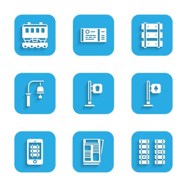 Cafe ve restoran, News, Railway, tren yolu, trafik levhası online tren bileti, tren istasyonu zili ve yolcu vagonları ikonu. Vektör